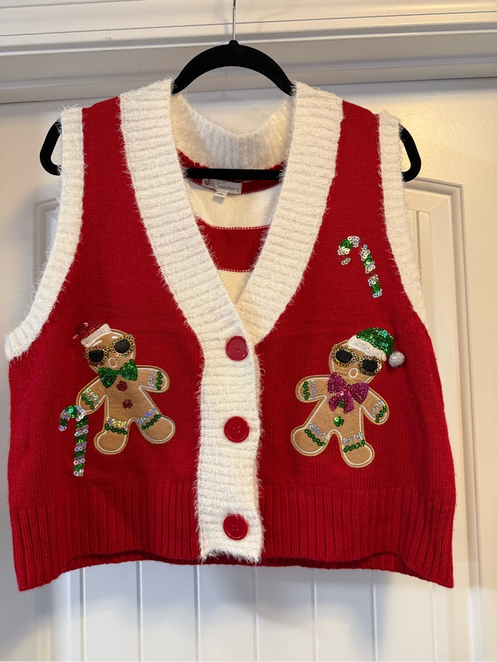 Women’s Red Holiday Gingerbread Sweater Vest with White Trim